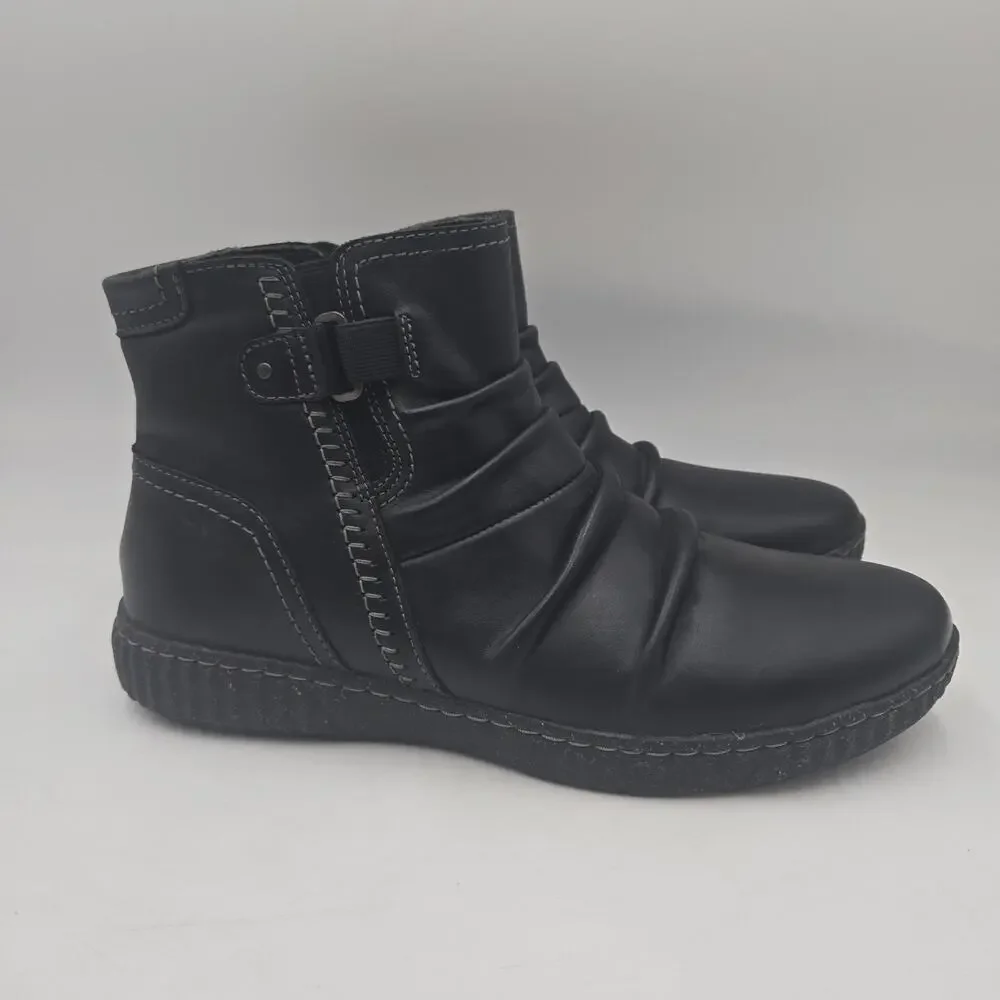 Clarks Collection Caroline Black Leather Ruched Ankle Boots, Flat, Size 11 M